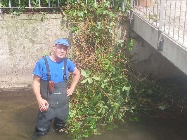 Mitarbeiter beim Freischneiden eines Bachlaufs